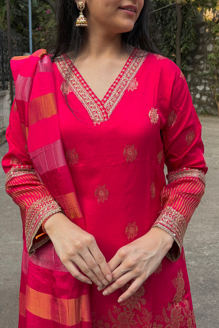Bright Pink-Red Banarasi Silk Farshi Salwar Suit