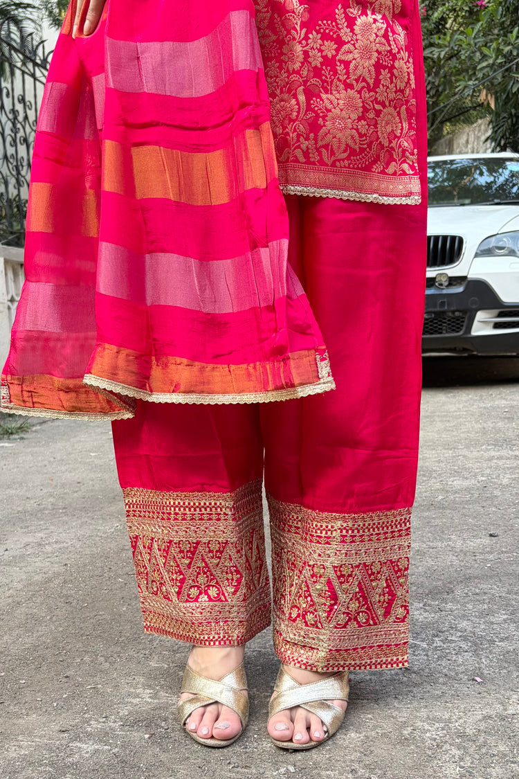 Bright Pink-Red Banarasi Silk Farshi Salwar Suit