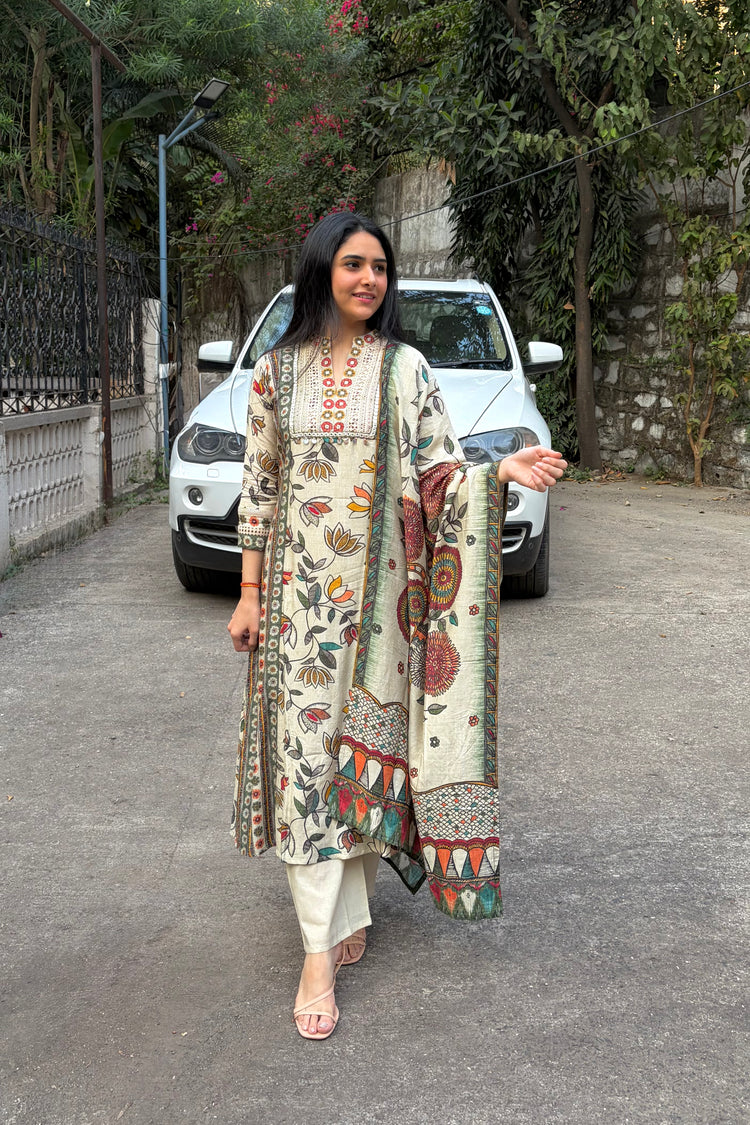 Muslin Silk A-Line Dupatta Set with Lotus Print