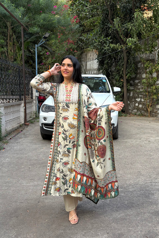 Muslin Silk A-Line Dupatta Set with Lotus Print
