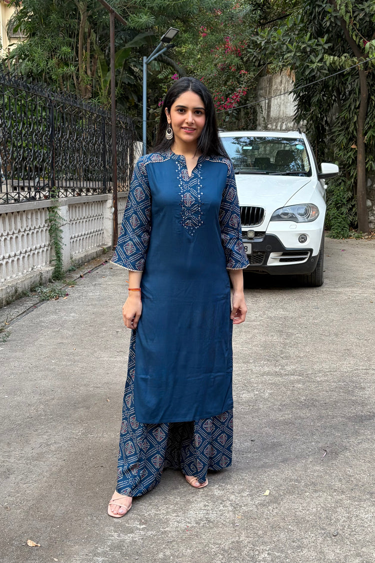 Rayon Cotton Kurti with Bandhani Palazzo Set