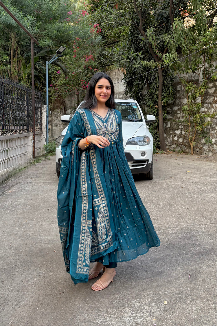 Teal Pure Cotton A-Line Kurti Set with Dupatta