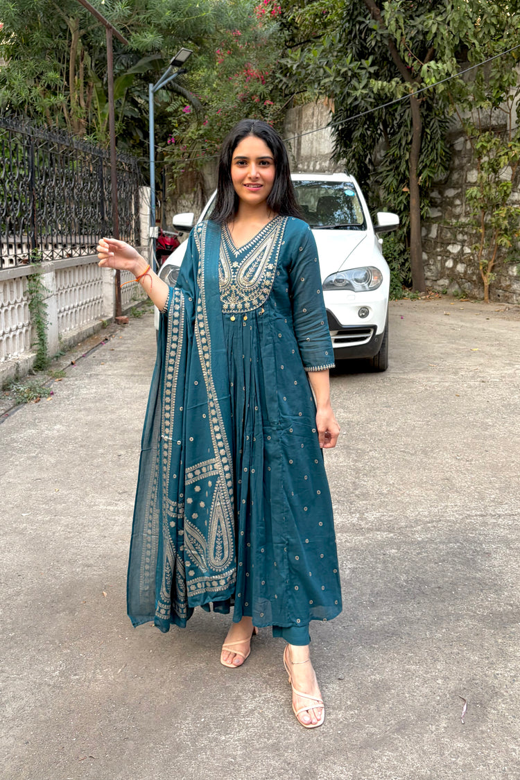Teal Pure Cotton A-Line Kurti Set with Dupatta