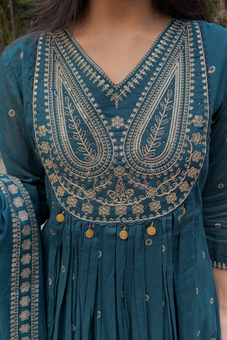 Teal Pure Cotton A-Line Kurti Set with Dupatta