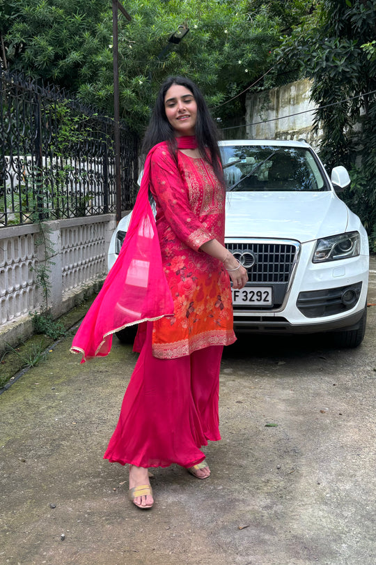 Pink & Orange Ombre Muslin Silk Banarasi 3-Piece Set with Chinon Palazzos & Chiffon Dupatta