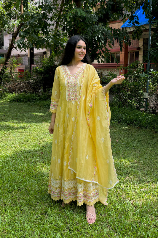 Pastel Yellow Mul Chanderi Floor Length Anarkali Set with Dupatta