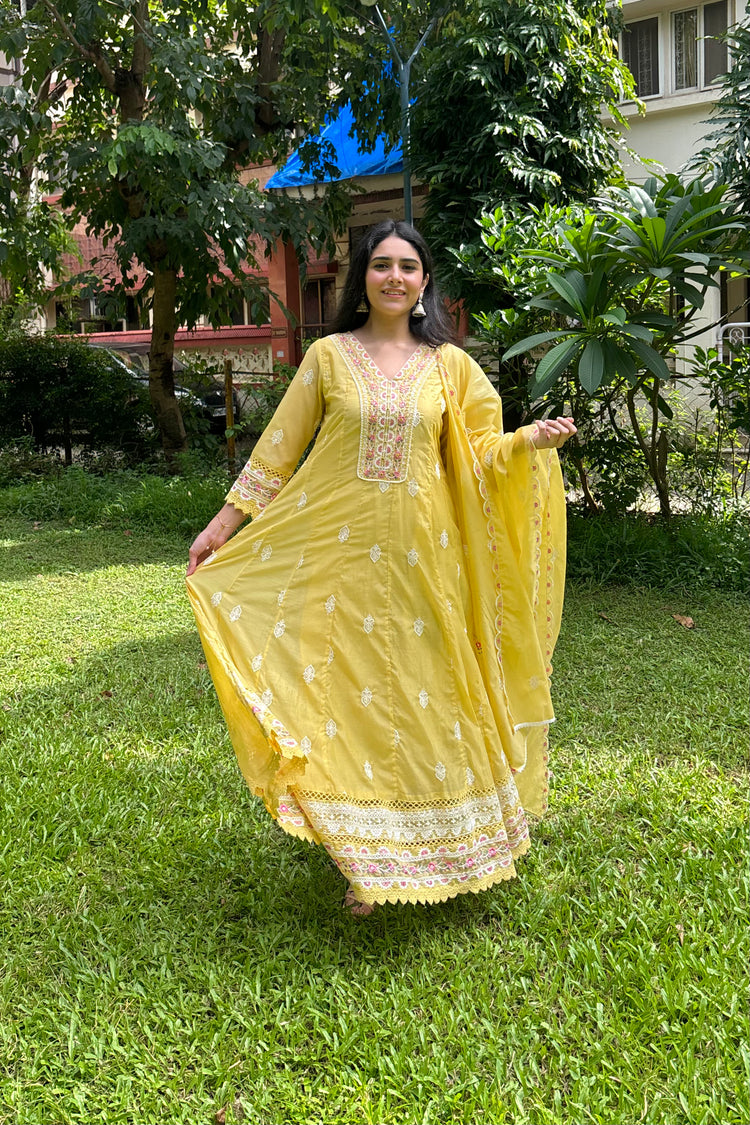 Pastel Yellow Mul Chanderi Floor Length Anarkali Set with Dupatta