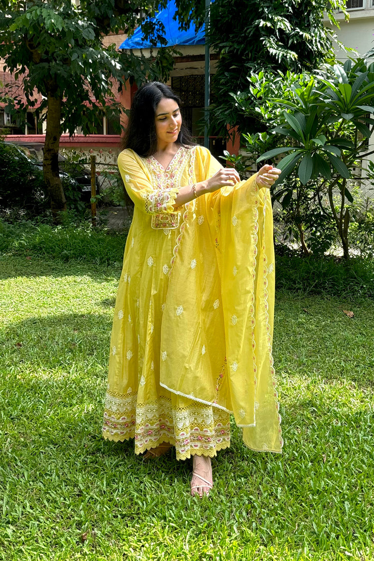 Pastel Yellow Mul Chanderi Floor Length Anarkali Set with Dupatta